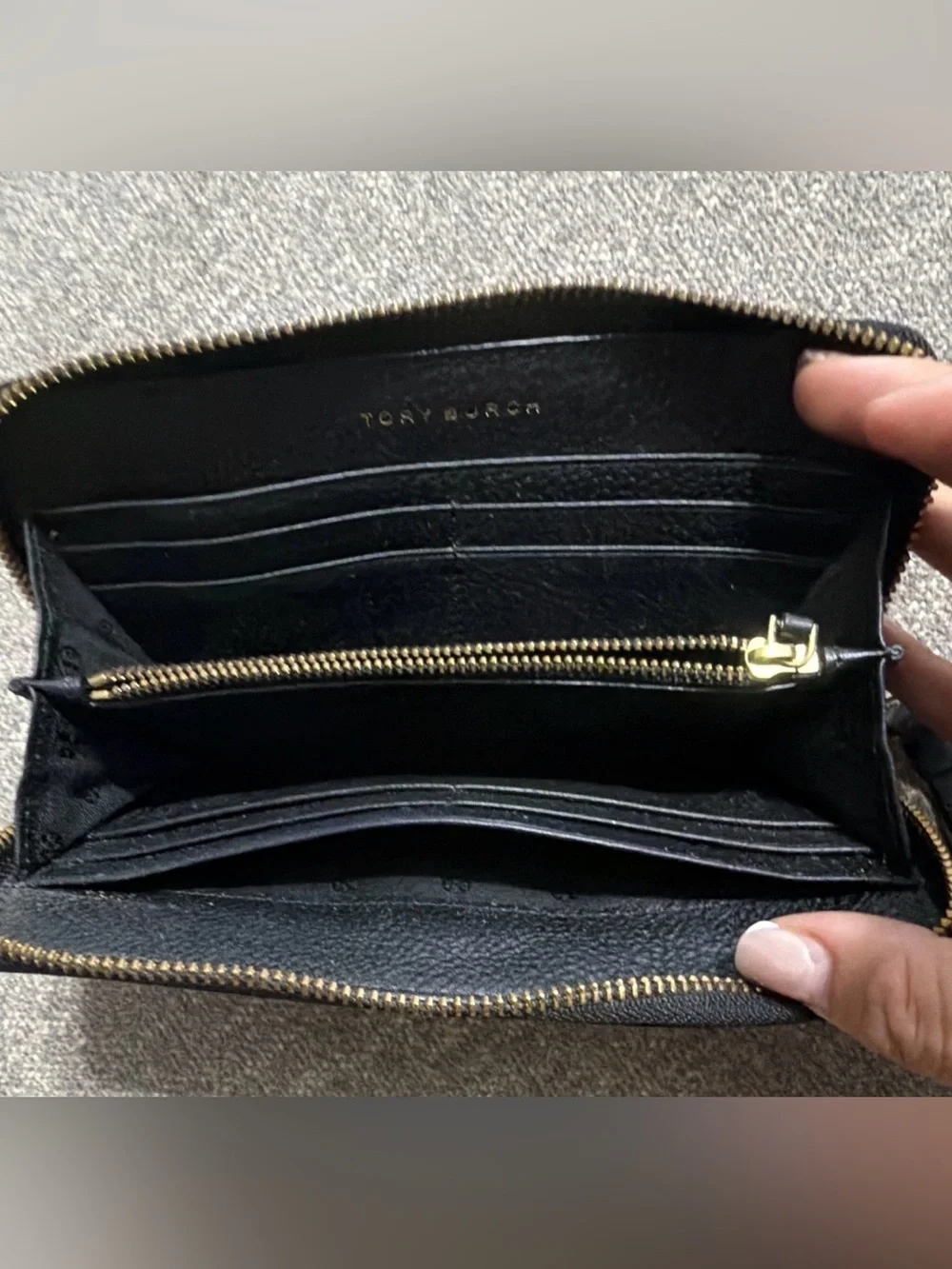 Tory Burch Black Pebbled Leather Zip Card Wallet with Gold Trim